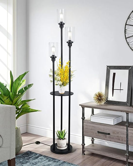 HMVPL Floor Lamps for Living Room, 3-Lights Modern Floor Lamp with Shelves, Farmhouse Standing Lamp with Glass Shades, On/Off Foot Switch, Black Industrial Tall Lamp for Bedroom Office Corner(66") - LeafyLoom