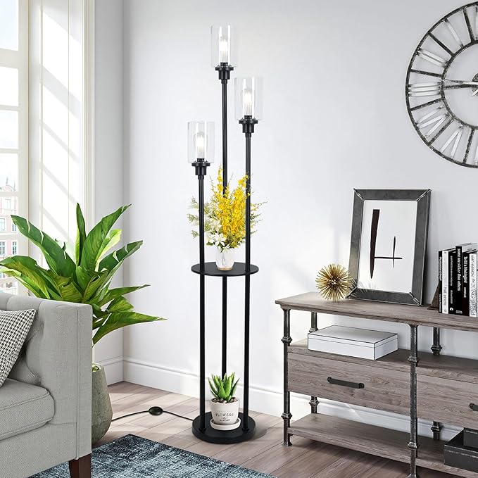 HMVPL Floor Lamps for Living Room, 3-Lights Modern Floor Lamp with Shelves, Farmhouse Standing Lamp with Glass Shades, On/Off Foot Switch, Black Industrial Tall Lamp for Bedroom Office Corner(66") - LeafyLoom