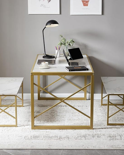 VECELO Kitchen Table with 2 Benches for 6,Wood Dining Room Dinette Sets with Metal Frame for Breakfast Nook and Small Space, 55", White&Gold - LeafyLoom