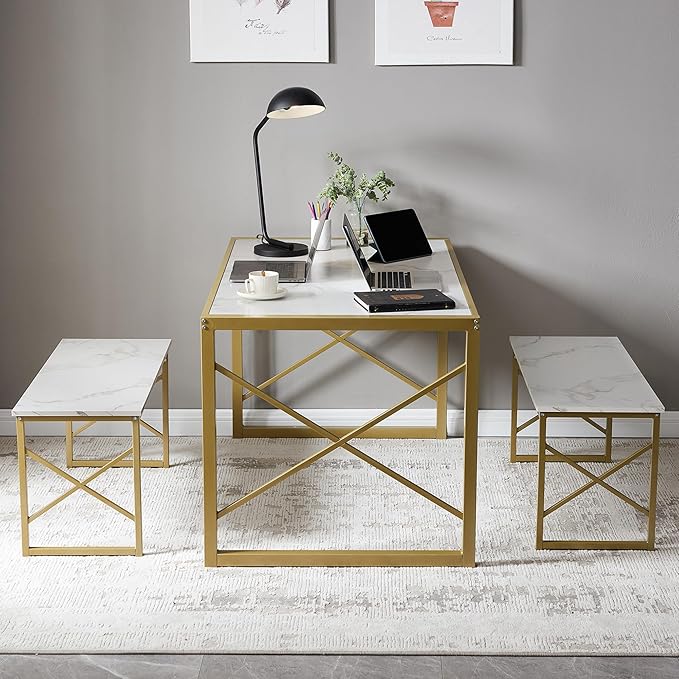 VECELO Kitchen Table with 2 Benches for 6,Wood Dining Room Dinette Sets with Metal Frame for Breakfast Nook and Small Space, 55", White&Gold - LeafyLoom