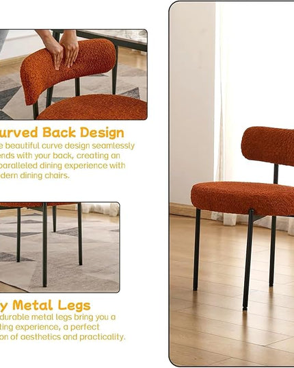 EDWELL Orange Dining Chairs Set of 2, Upholstered Kitchen Dining Room Chairs, Curved Backrest Boucle Dining Chair for Kitchen, Living Room, Mid-Century Modern Kitchen Chairs with Black Metal Legs - LeafyLoom
