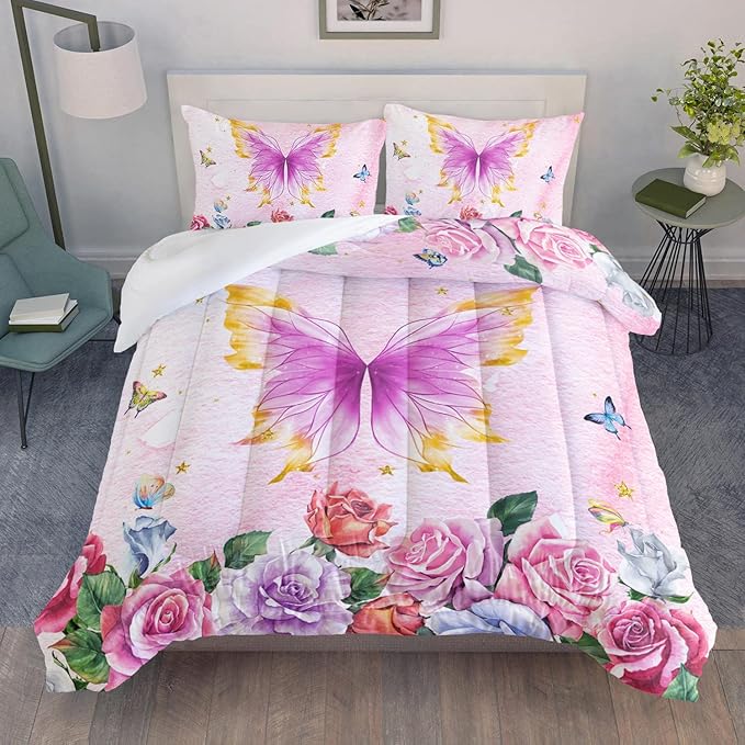 Butterfly Comforter Set for Girls Kids Adults Butterfly Rose Bedding Set Aesthetics Butterflies Quilt Duvet Set Full Size with 1 Comforter and 2 Pillowcases - LeafyLoom