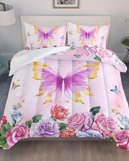 Butterfly Comforter Set for Girls Kids Adults Butterfly Rose Bedding Set Aesthetics Butterflies Quilt Duvet Set Queen Size with 1 Comforter and 2 Pillowcases - LeafyLoom