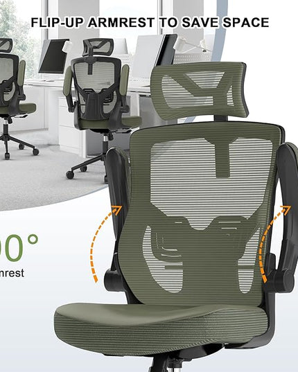 𝑯𝑶𝑴𝑬 𝑶𝑭𝑭𝑰𝑪𝑬 𝑪𝑯𝑨𝑰𝑹, Ergonomic Mesh Desk Chair, High Back Computer Chair- Adjustable Headrest with Flip-Up Arms, Lumbar Support, Swivel Executive Task Chair (Hunter Green, Modern) - LeafyLoom