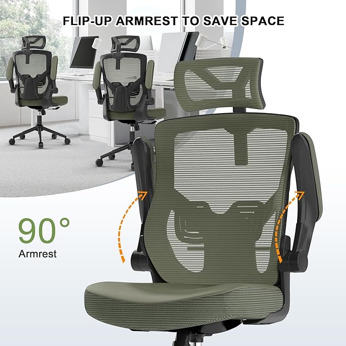 𝑯𝑶𝑴𝑬 𝑶𝑭𝑭𝑰𝑪𝑬 𝑪𝑯𝑨𝑰𝑹, Ergonomic Mesh Desk Chair, High Back Computer Chair- Adjustable Headrest with Flip-Up Arms, Lumbar Support, Swivel Executive Task Chair (Hunter Green, Modern) - LeafyLoom