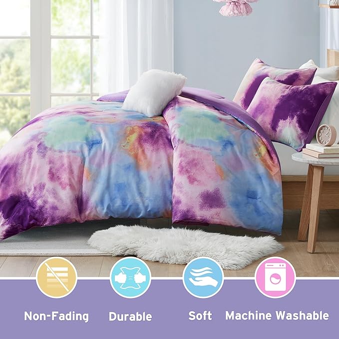 Intelligent Design Twin Comforter Set, Watercolor Twin Bedding Sets, Tie Dye Comforter Set for Teen Girl & Boys, 3 Pieces Cassiopeia Comforter, Sham, Throw Pillow Twin/Twin XL Lavender - LeafyLoom