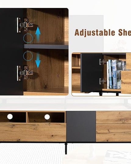 71 Inch TV Stand with Double Storage Space for TVs up to 80'', Modern TV Console with Drop Down Door, Entertainment Center for Living Room, Bedroom and Home Theatre, Wood+Black - LeafyLoom