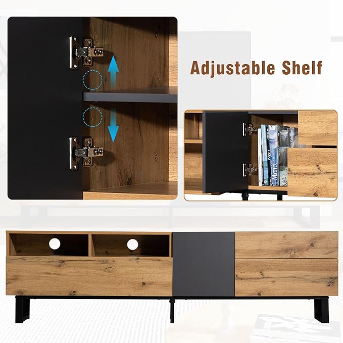 71 Inch TV Stand with Double Storage Space for TVs up to 80'', Modern TV Console with Drop Down Door, Entertainment Center for Living Room, Bedroom and Home Theatre, Wood+Black - LeafyLoom
