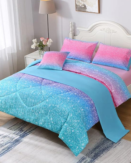 JQinHome Girls Comforter Sheet Set Full Size 6 Piece Bed in A Bag 3D Colorful Pink Rainbow Themed Bedding Set for Girls Women 1 Comforter,2 Pillowcases,1 Flat Sheet,1 Fitted Sheet,1 Cushion Cover - LeafyLoom