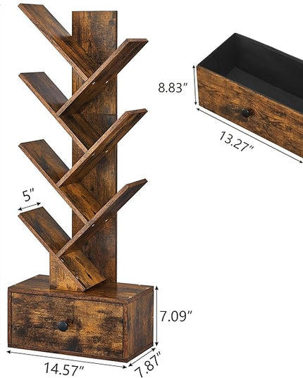 7 Tier Tree Bookshelf with Drawer, Tree Bookcase, Floor Standing Tall Wood Bookshelves for Bedroom, Living Room, Home Office, Rustic Brown - LeafyLoom