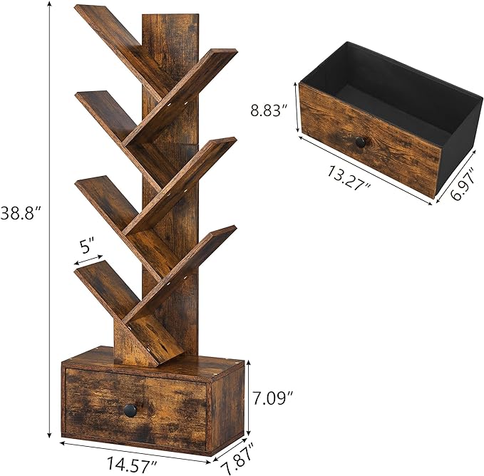 7 Tier Tree Bookshelf with Drawer, Tree Bookcase, Floor Standing Tall Wood Bookshelves for Bedroom, Living Room, Home Office, Rustic Brown - LeafyLoom