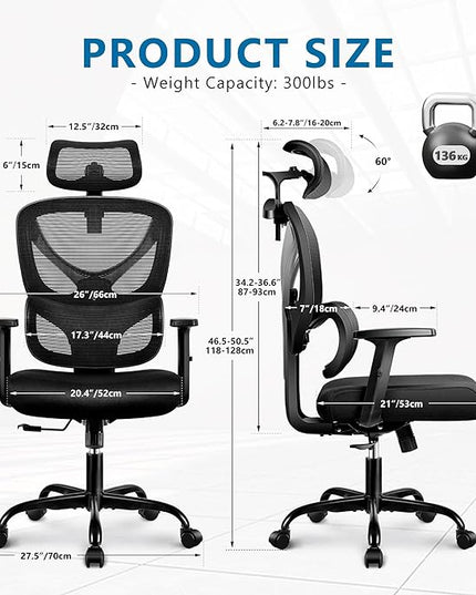 Office Chair Ergonomic Desk Chair Comfy Computer Chair, Big and Tall Home Office Chair with Back Support, Mesh Office Chair High Back Gaming Chair with Adjustable Armrest (Grey) - LeafyLoom