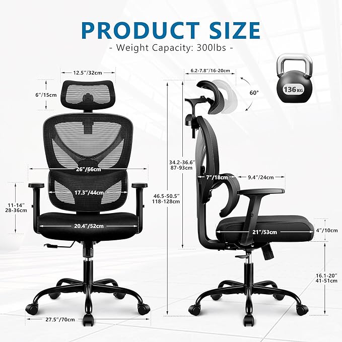 Office Chair Ergonomic Desk Chair Comfy Computer Chair, Big and Tall Home Office Chair with Back Support, Mesh Office Chair High Back Gaming Chair with Adjustable Armrest (Grey) - LeafyLoom