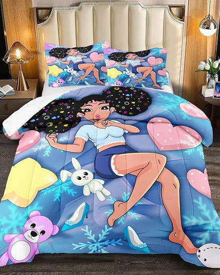 Black Girl Comforter Set - Full Size Comforter Set for Girls Bedroom Decor African American Girl Bedding Set Blue Full Quilt Set with 2 Pillowcases Kids Comforter Sets Gifts for Girls Kids Teens - LeafyLoom
