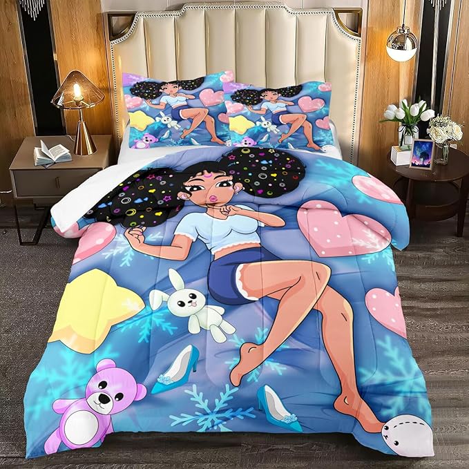 Black Girl Comforter Set - Full Size Comforter Set for Girls Bedroom Decor African American Girl Bedding Set Blue Full Quilt Set with 2 Pillowcases Kids Comforter Sets Gifts for Girls Kids Teens - LeafyLoom