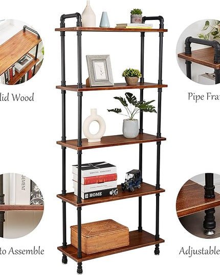 Industrial Bookshelf, Bookcases and Book Shelves 5 Shelf,Pipe Bookshelf, Industrial Pipe Shelving, Pipe Shelves(Rustic Brown, 29.5" L x 11.8" W x 70" H) - LeafyLoom