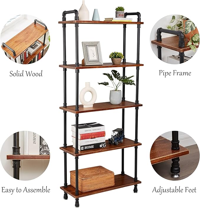 Industrial Bookshelf, Bookcases and Book Shelves 5 Shelf,Pipe Bookshelf, Industrial Pipe Shelving, Pipe Shelves(Rustic Brown, 29.5" L x 11.8" W x 70" H) - LeafyLoom