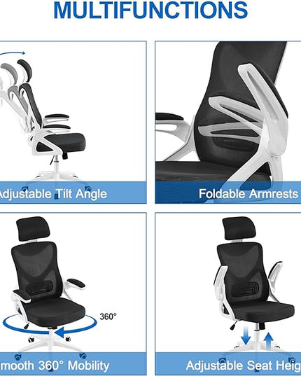 Yaheetech Ergonomic Mesh Office Chair, High Back Desk Chair with with flip-up Armrests, Adjustable Padded Headrest Computer Chair with Lumbar Support for Home Oiffce Game Room, White/Black - LeafyLoom