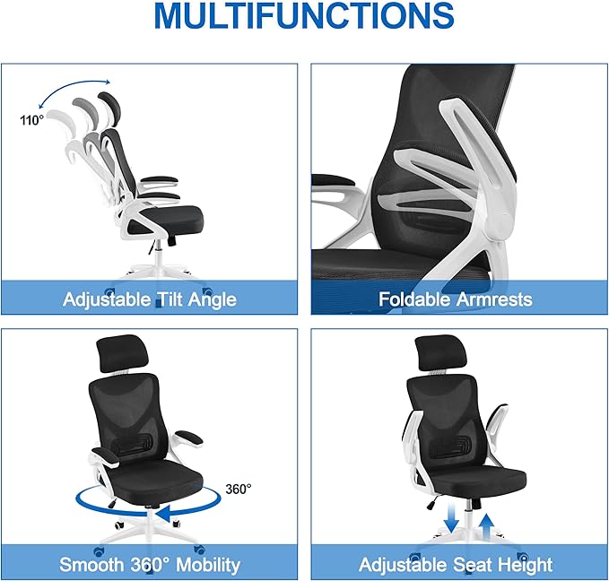 Yaheetech Ergonomic Mesh Office Chair, High Back Desk Chair with with flip-up Armrests, Adjustable Padded Headrest Computer Chair with Lumbar Support for Home Oiffce Game Room, White/Black - LeafyLoom