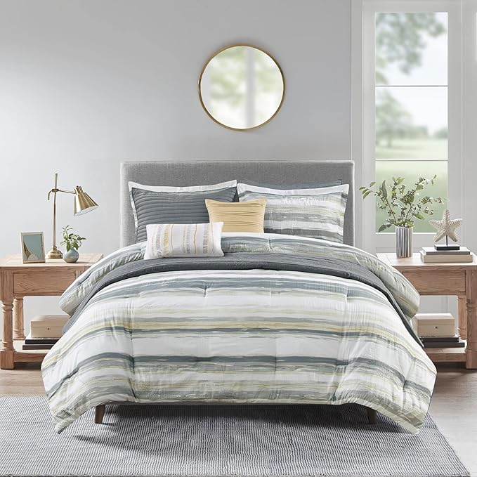 Madison Park Marina Comforter Quilt Combo Set - Modern Luxury Design, All Season Down Alternative Bedding, Matching Shams, Decorative Pillows, King/Cal King(104"x92"), Yellow 8 Piece - LeafyLoom