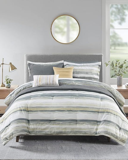 Madison Park Marina Comforter Quilt Combo Set - Modern Luxury Design, All Season Down Alternative Bedding, Matching Shams, Decorative Pillows, Full/Queen(90"x90"), Yellow 8 Piece - LeafyLoom