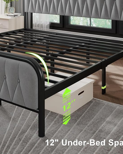 Feonase King Bed Frame with Type-C & USB Port, Metal Platform Beds, with Velvet Upholstered Headboard & Footboard, 12" Underbed Storage Space, Easy Assembly, Noise-Free, Gray - LeafyLoom