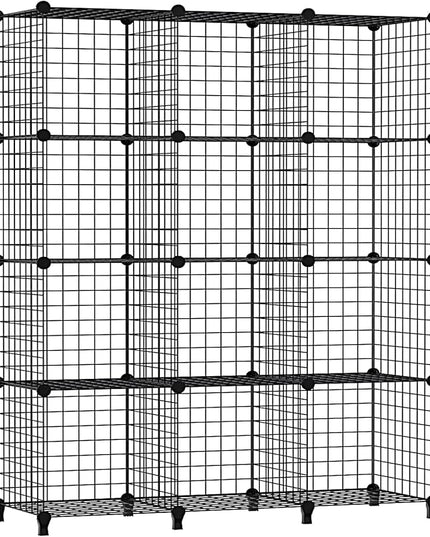 Wolizom Wire Cube Storage, Metal Grids Shelves Bookshelf, Stackable Modular Shelving Organizer, DIY Closet Bookcase Bookshelf, Grid Storage Shelf for Bedroom, Living Room, Office (Black, 12 Cube) - LeafyLoom