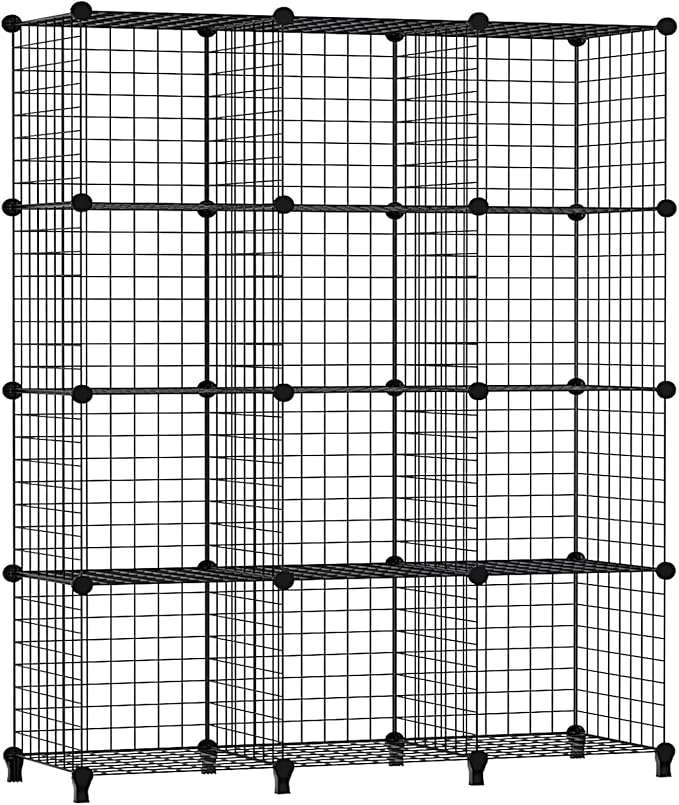Wolizom Wire Cube Storage, Metal Grids Shelves Bookshelf, Stackable Modular Shelving Organizer, DIY Closet Bookcase Bookshelf, Grid Storage Shelf for Bedroom, Living Room, Office (Black, 12 Cube) - LeafyLoom