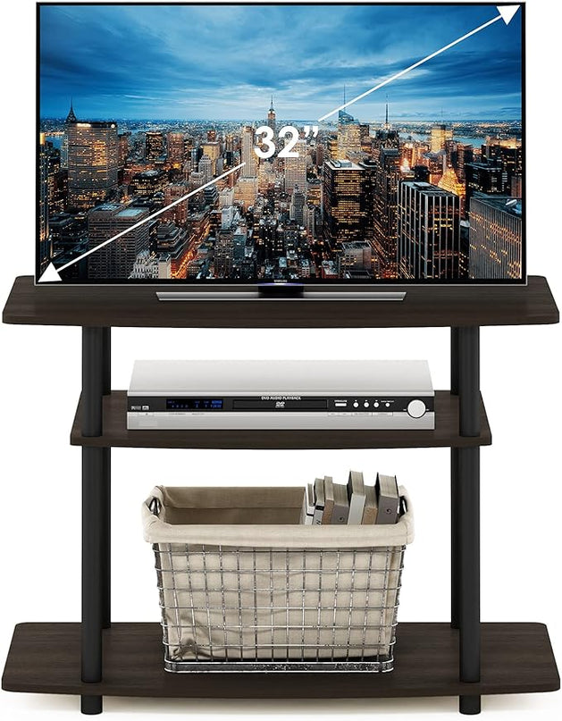 Furinno Turn-N-Tube No Tools 3-Tier Entertainment Center TV Stand for TV up to 32 Inch, Plastic Round Tubes, Dark Brown/Black - LeafyLoom