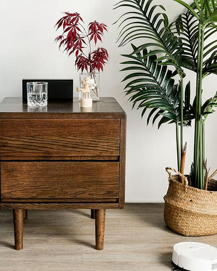 Night Stand, Mid Century Modern Nightstand w/2 Drawers, Boho Nightstand, Small Nightstand, Oak Bedroom Nightstand, Solid Wood Bedside Table, 17.72 W x 15.75 D x 19.69 H Inches(Walnut) - LeafyLoom