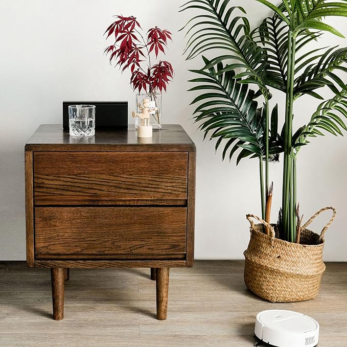 Night Stand, Mid Century Modern Nightstand w/2 Drawers, Boho Nightstand, Small Nightstand, Oak Bedroom Nightstand, Solid Wood Bedside Table, 17.72 W x 15.75 D x 19.69 H Inches(Walnut) - LeafyLoom