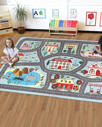 LIVEBOX Large Playroom Rug 5'x7' Kids Play Mat for Classroom, Road Traffic Carpet for Boys Girls Playing Cars Toys, City Life Nursery Car Rug for Toddlers Bedroom Kids Room - LeafyLoom