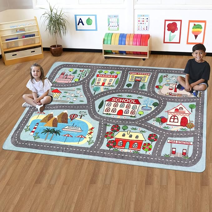 LIVEBOX Large Playroom Rug 5'x7' Kids Play Mat for Classroom, Road Traffic Carpet for Boys Girls Playing Cars Toys, City Life Nursery Car Rug for Toddlers Bedroom Kids Room - LeafyLoom