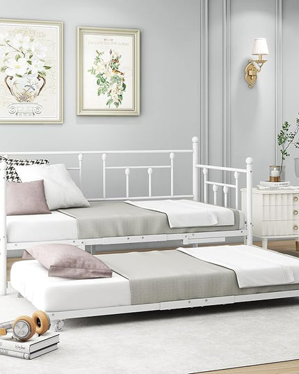 Twin Daybed with Trundle/Steel Slat Support/Space Saving Trundle Bed and Multi-Functional Furniture for Living Room and Guest Room, White - LeafyLoom