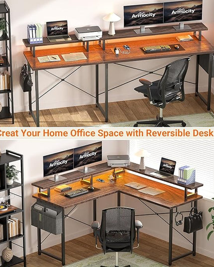 armocity L Shaped Computer Desk with Power Outlets, Gaming Desk L Shaped with LED Lights, Corner Desk with Storage Shelves, Work Study Desk for Bedroom, Home Office Small Spaces, 47'', Black - LeafyLoom