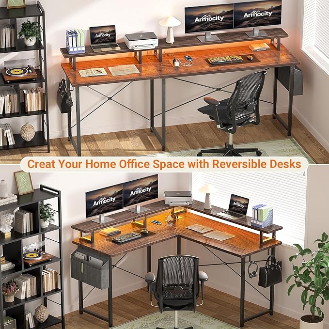 armocity L Shaped Computer Desk with Power Outlets, Gaming Desk L Shaped with LED Lights, Corner Desk with Storage Shelves, Work Study Desk for Bedroom, Home Office Small Spaces, 47'', Black - LeafyLoom