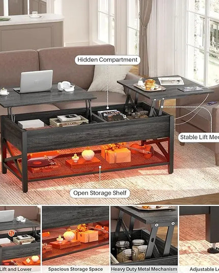 Aheaplus Coffee Table, Lift Top Coffee Table with LED light and Power Outlet, Modern Lift-Top Table with Storage Shelf, Center Table for Living Room, Lift Tabletop, X Support, Metal Frame, Black Oak - LeafyLoom