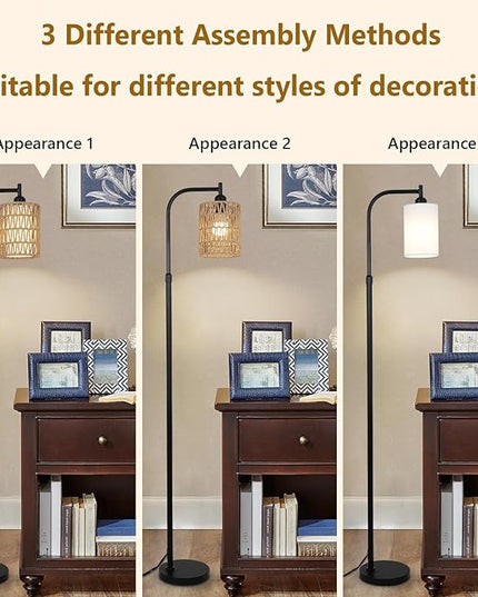 Floor Lamps for Living Room Bright Lighting, Boho Rattan Floor Lamp, Modern Farmhouse Standing Lamp with 2-in-1 Rattan Shades, Minimalist Industrial Tall Pole Lamp for Bedroom Office, Black - LeafyLoom