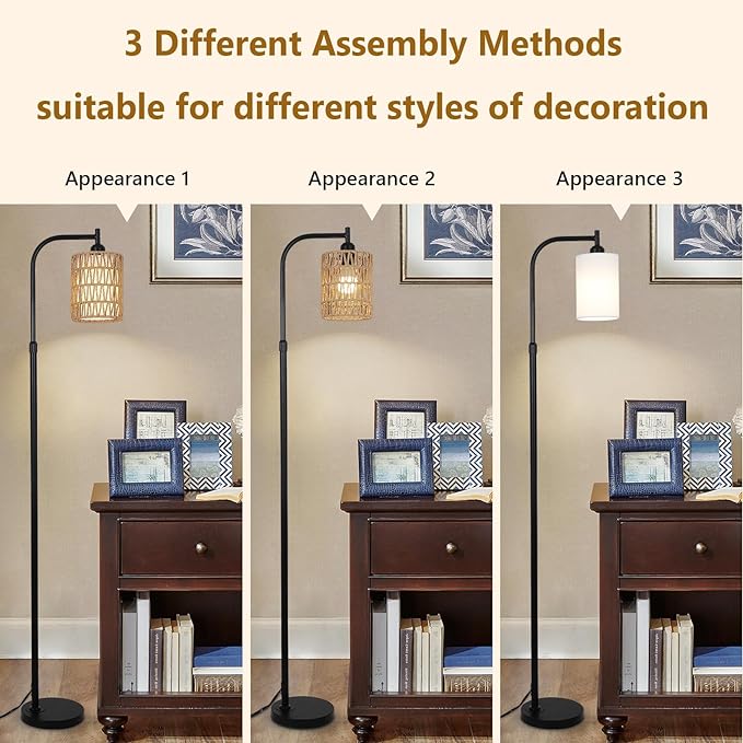 Floor Lamps for Living Room Bright Lighting, Boho Rattan Floor Lamp, Modern Farmhouse Standing Lamp with 2-in-1 Rattan Shades, Minimalist Industrial Tall Pole Lamp for Bedroom Office, Black - LeafyLoom
