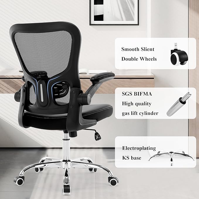 Office Chair,Ergonomic Desk Chair,Mesh Computer Chair with PU Leather Flip-up Armrest,Home Office Chair with Lumbar Support,Adjustable Executive Mid Back Task Chair,Rolling Swivel Office Chairs,Black - LeafyLoom