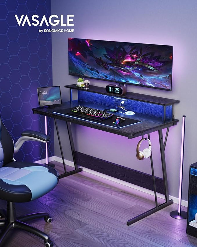 VASAGLE LED Gaming Desk with Power Outlets, Computer Desk with USB Ports, Office Desk with Monitor Stand for 2 Monitors, with Hooks, for Bedroom, 23.6 x 47.2 x 29.5 Inches Ebony Black ULWD092B56 - LeafyLoom