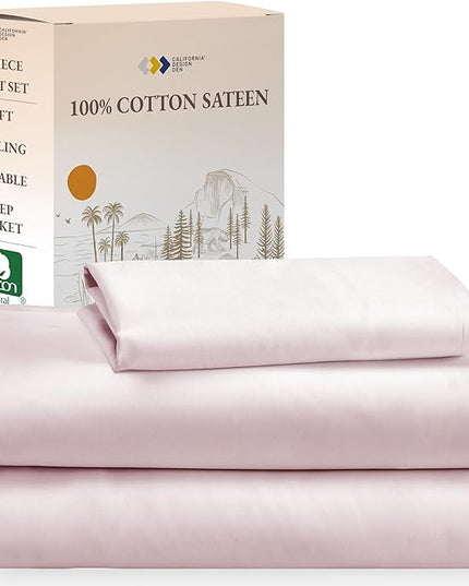 California Design Den Soft Twin Size Bed Sheets Cotton, 3 Piece Twin Sheet Set with Sateen Weave, Cooling Sheets - Pink - LeafyLoom