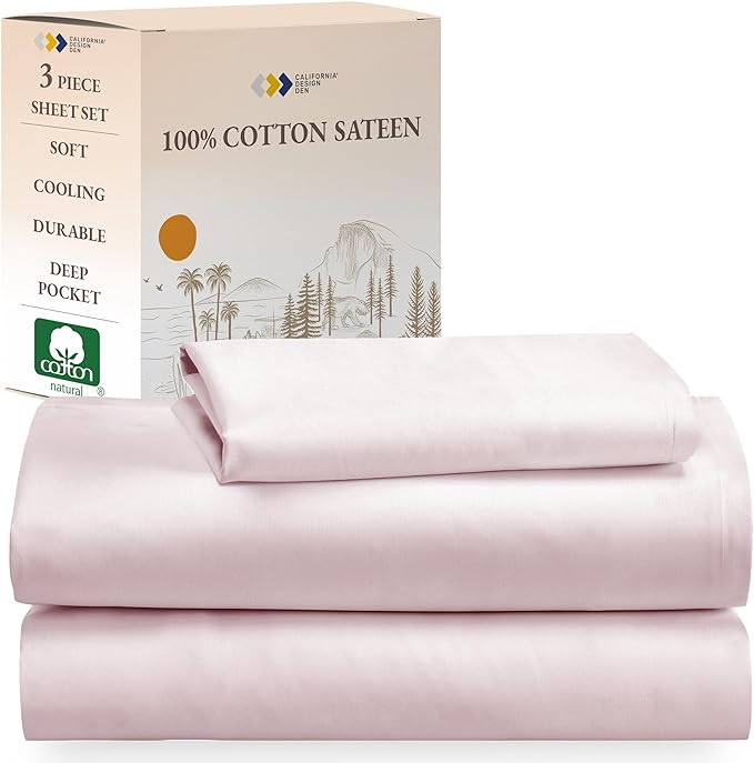 California Design Den Soft Twin Size Bed Sheets Cotton, 3 Piece Twin Sheet Set with Sateen Weave, Cooling Sheets - Pink - LeafyLoom