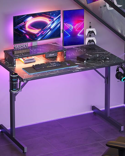 Bestier Small Gaming Desk with Monitor Stand, 42 inch LED Computer Desk, Gamer Workstation with Cup Holder & Headset Hooks, Modern Simple Style Desk for Home Office, Black Marble - LeafyLoom