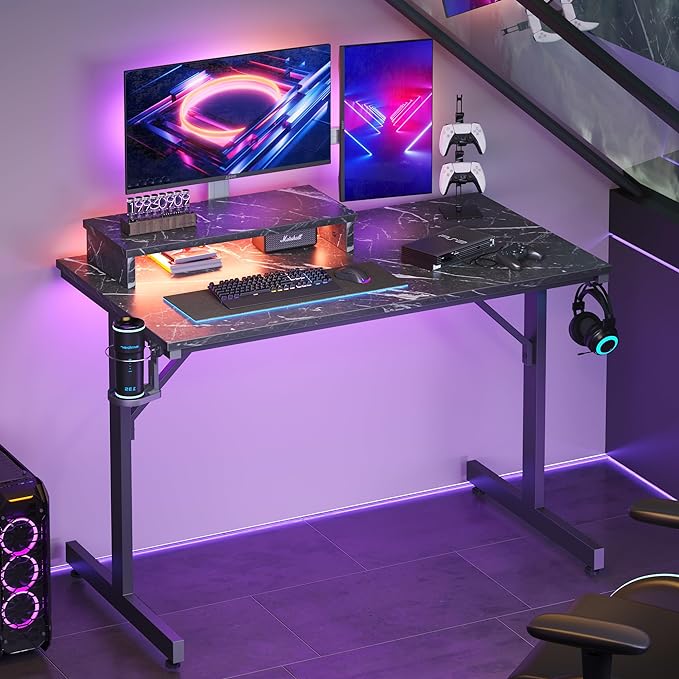 Bestier Small Gaming Desk with Monitor Stand, 42 inch LED Computer Desk, Gamer Workstation with Cup Holder & Headset Hooks, Modern Simple Style Desk for Home Office, Black Marble - LeafyLoom