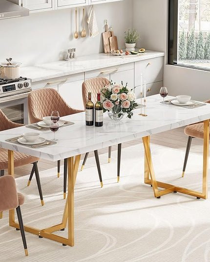 DWVO 82.6'' Large Modern Dining Table for 8-10 People, Rectangular White Kitchen Dining Room Table with Faux Marble Tabletop and Geometric Gold Metal Legs, Wood Dinner Tables for Family Gathering - LeafyLoom