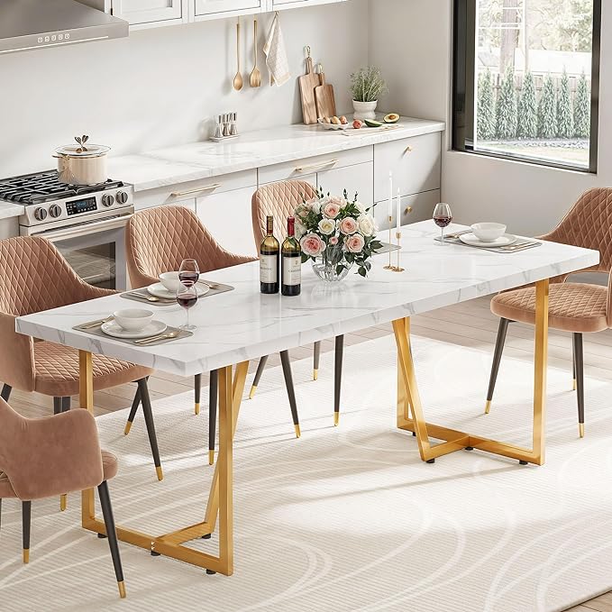 DWVO 82.6'' Large Modern Dining Table for 8-10 People, Rectangular White Kitchen Dining Room Table with Faux Marble Tabletop and Geometric Gold Metal Legs, Wood Dinner Tables for Family Gathering - LeafyLoom
