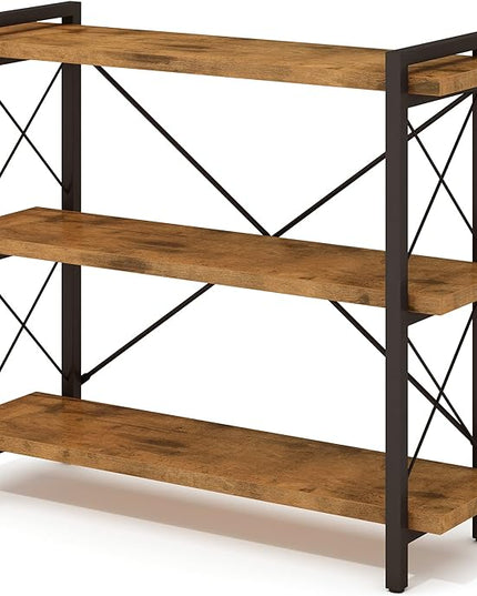 HCHQHS Bookshelf, 3-Tier Industrial Bookcase, Rustic Open Book Shelf, Wood and Metal Horizontal Bookshelves - LeafyLoom