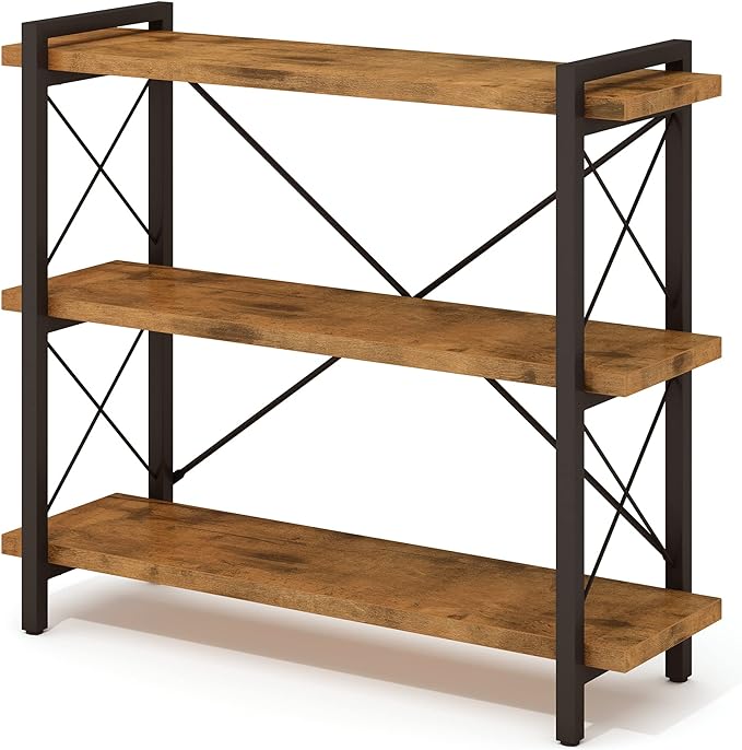 HCHQHS Bookshelf, 3-Tier Industrial Bookcase, Rustic Open Book Shelf, Wood and Metal Horizontal Bookshelves - LeafyLoom