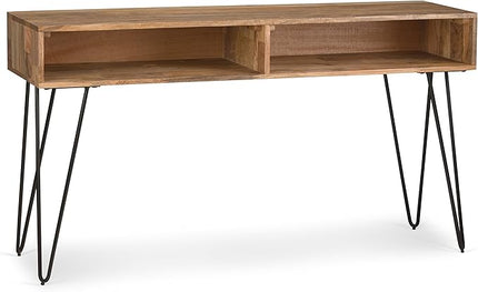 SIMPLIHOME Hunter SOLID WOOD and Metal 55 inch Wide Mid Century Modern Console Sofa Entryway Table in Natural with Storage, 2 Shelves, for the Living Room, Entryway and Bedroom - LeafyLoom